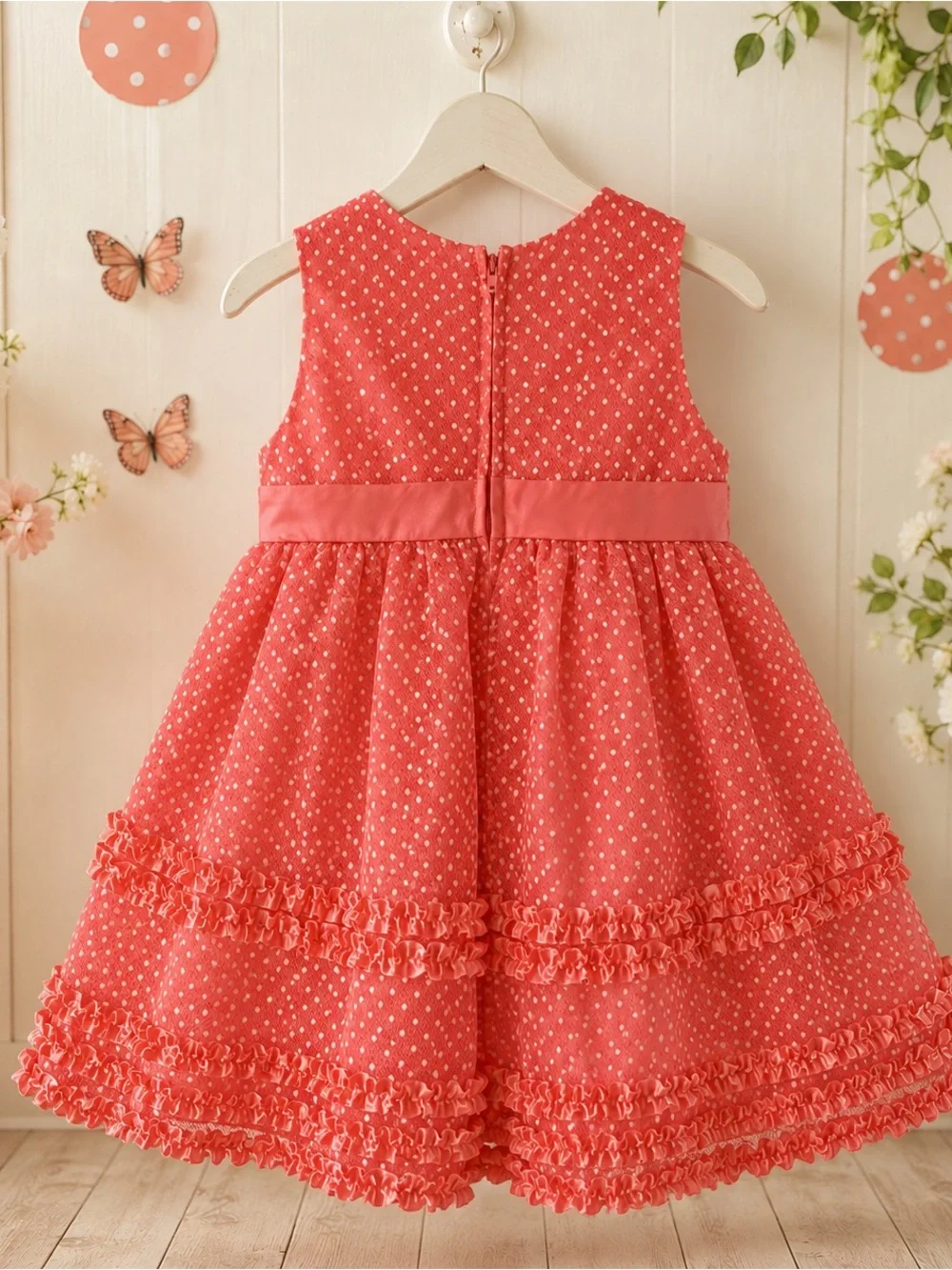 Rare Too Baby Girls 12M Coral Polka Dot Ruffle Dress Bloomers Bow NWOT